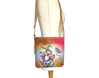 Hand painted Tulip leather pouch bag