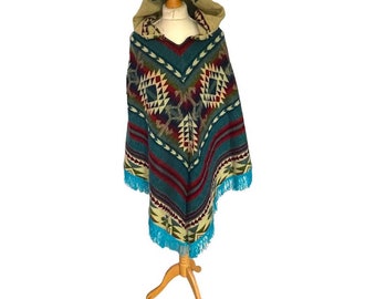 Teal Alpaca Wool Hooded Poncho with Aztec Pattern