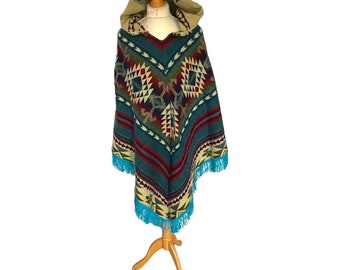 Blauer Alpaka Poncho mit Azteken Muster