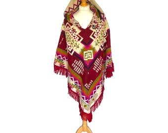 Red Alpaca Wool Hooded Poncho with Aztec Pattern