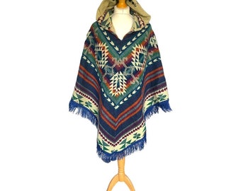 Dark Blue Alpaca Hooded Poncho with Aztec Pattern