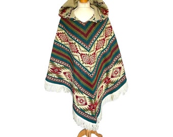 Multi coloured Alpaca Wool Hooded Poncho with Aztec Pattern