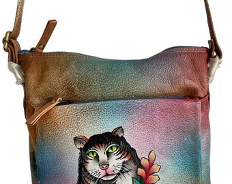 Brown Hand painted Cat Leather Bag