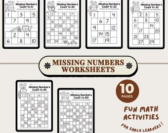 Folhas de exercícios com números faltantes para crianças | Atividades de matemática para pré-escola e jardim de infância para imprimir