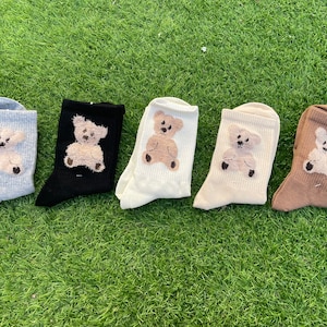 May include: Five pairs of socks with a brown teddy bear design. The socks are in different colors: gray, black, white, beige, and brown.