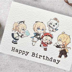 May include: A birthday card with a happy birthday message and five cartoon characters. The characters are dressed in various outfits and holding gifts. The card is white with a textured surface.