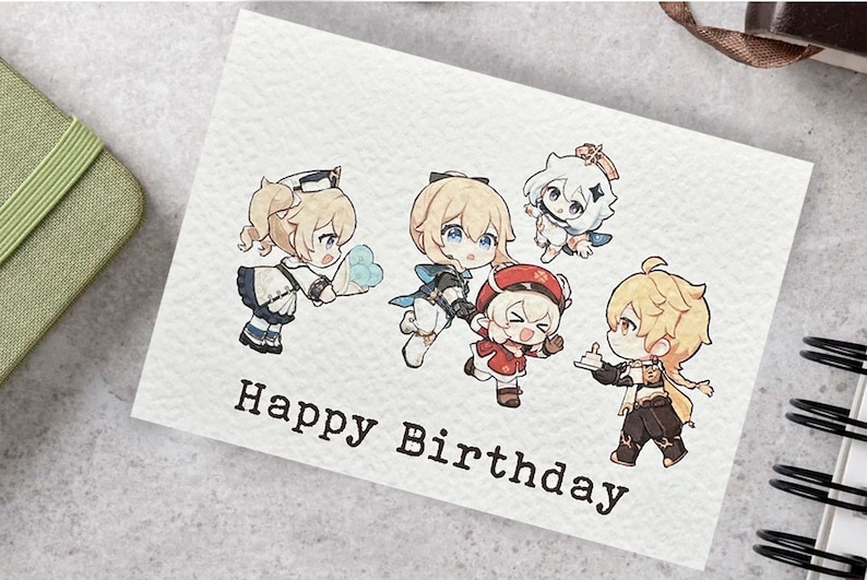 May include: A birthday card with a happy birthday message and five cartoon characters. The characters are dressed in various outfits and holding gifts. The card is white with a textured surface.