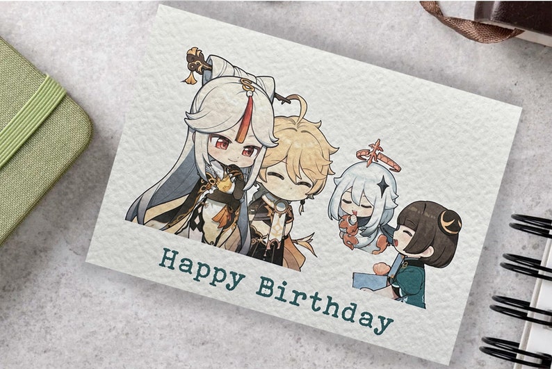 May include: A greeting card with a cartoon illustration of four anime characters. The characters are smiling and holding gifts. The card has the text "Happy Birthday" printed on it.