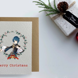 May include: A Christmas card featuring a cartoon character with blue hair standing in a wreath of holly. The card has the text "Merry Christmas" printed on it.