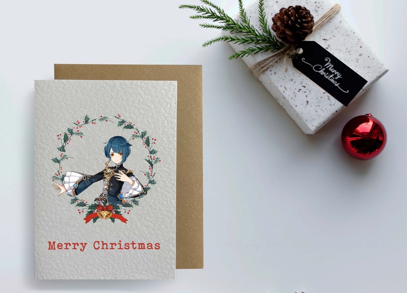 May include: A Christmas card featuring a cartoon character with blue hair standing in a wreath of holly. The card has the text "Merry Christmas" printed on it.