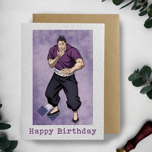 May include: A purple and white birthday card featuring an anime character with black hair and a purple shirt. The text "Happy Birthday" is printed on the card.