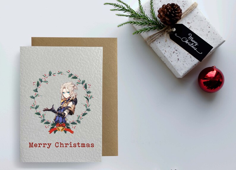 May include: A Christmas card featuring an anime-style character with blonde hair standing in a wreath of holly. The card has the text "Merry Christmas" in red.