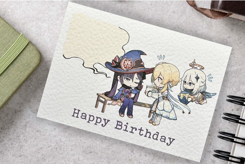 May include: A birthday card with a cartoon illustration of three characters. The character on the left is wearing a purple and blue outfit and a witch's hat. The character in the middle is wearing a white dress and has blonde hair. The character on the right is wearing a white dress and has white hair. The card says "Happy Birthday".