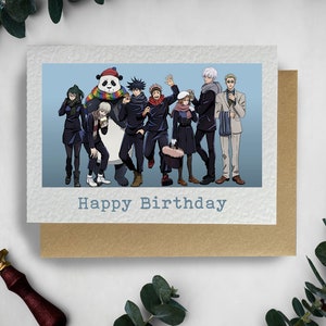 May include: A birthday card featuring a group of cartoon characters in winter clothing, including a panda wearing a hat and scarf, standing in front of a blue background. The card says "Happy Birthday" in blue text.