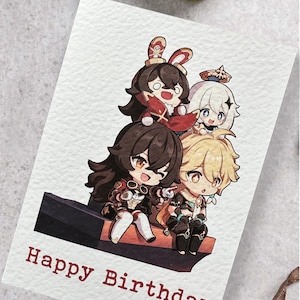 May include: A birthday card featuring a group of four cartoon characters. The characters are dressed in colorful outfits and are smiling. The card has the text "Happy Birthday" printed on it.