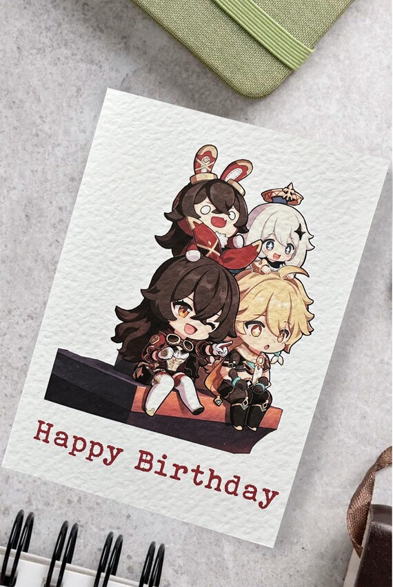 Genshin Impact Traveler Paimon Anime Open-World Action Adventure Fantasy RPG Gacha Elemental Powers Mondstadt Liyue Inspired Birthday Cards