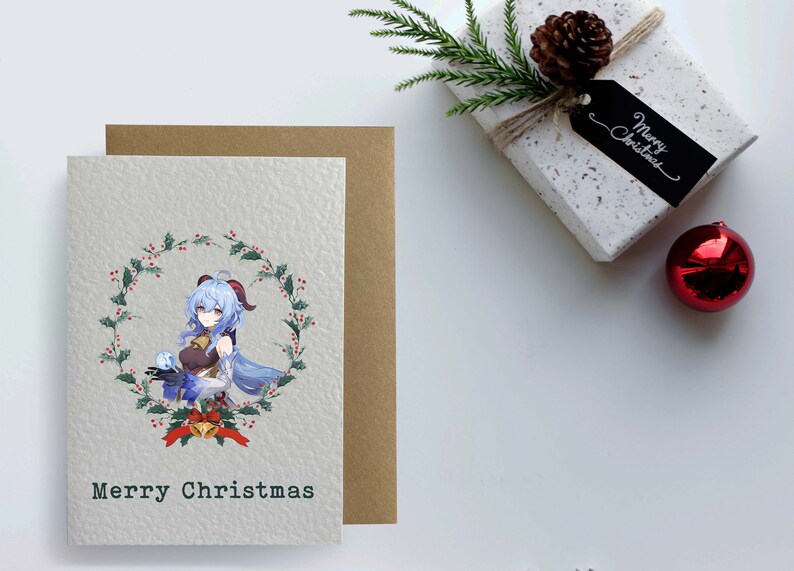 May include: A Christmas card featuring a cartoon character with blue hair holding a snowball in a wreath of holly. The card reads "Merry Christmas".