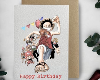 Könnte beinhalten: Eine Geburtstagskarte mit einer Cartoon-Illustration eines Charakters aus dem Anime One Piece, mit dem Text "Happy Birthday" unter dem Bild.