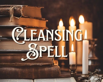 Puede incluir: Una pila de libros antiguos con las palabras "Cleansing Spell" superpuestas en una fuente decorativa. Velas encendidas de varios tamaños y estilos se encuentran en el fondo, creando un ambiente místico.