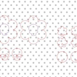 Puede incluir: Una colecci&oacute;n de formas de madera cortadas con l&aacute;ser, que incluyen colgantes en forma de flor con centros de calaveras, amuletos en forma de calavera y peque&ntilde;as formas de flores y c&iacute;rculos. Los contornos son rojos, con detalles morados y rojos.