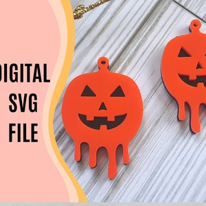 Retro drippy trippy Pumpkin Jack O&#39;Lantern Earrings - SVG Laser cut File - Digital Halloween Earrings SVG file - unique melty earrings file