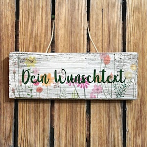 Holzschild mit Wunschtext | Gartenschild weiß mit Blumen | Maße: 30 x 11 cm | Zum Aufstellen oder Aufhängen