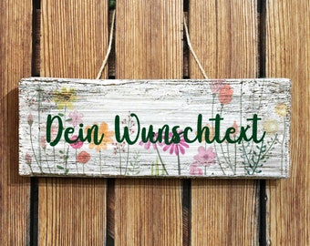 Holzschild mit Wunschtext | Gartenschild weiß mit Blumen | Maße: 30 x 11 cm | Zum Aufstellen oder Aufhängen