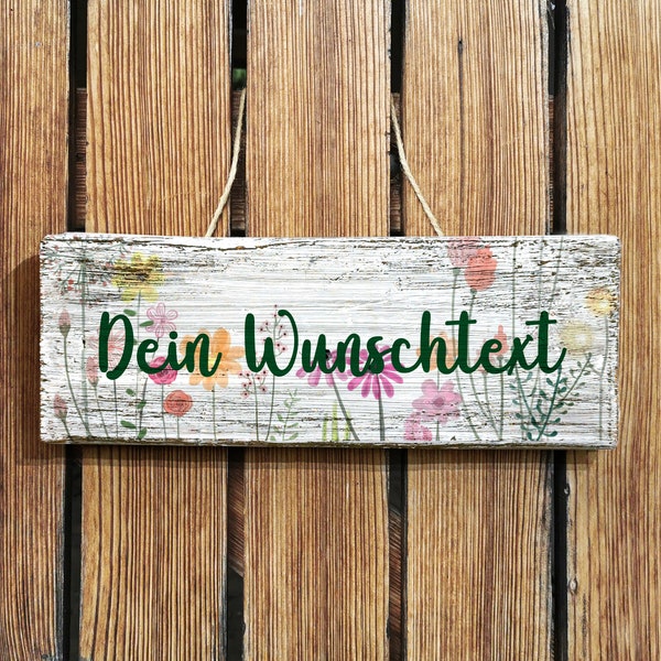 Holzschild mit Wunschtext | Gartenschild weiß mit Blumen | Maße: 30 x 11 cm | Zum Aufstellen oder Aufhängen