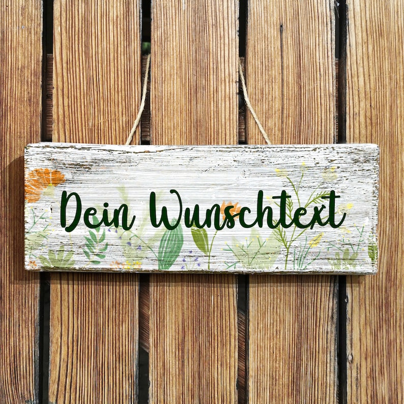 Holzschild mit Wunschtext Hintergrund mit Blumen gelb und grün Shabby Chic Maße: 30 x 11 cm Zum Aufstellen oder Aufhängen Bild 1