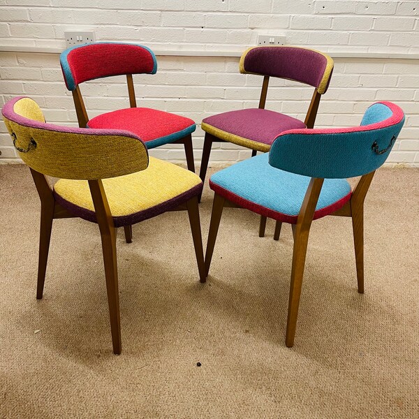 4  Caligaris dining chairs made in Italy newly reupholstered in multicoloured fabric