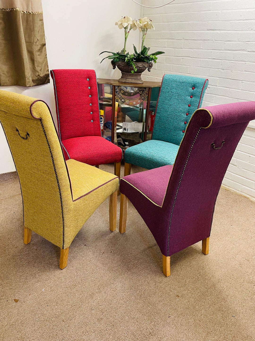 4 Furniture Village Dining Chairs Newly Reupholstered in Tweed