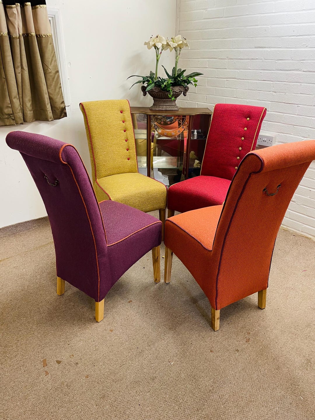 4 John Lewis Dining Chairs Newly Reupholstered in Tweed Multicoloured