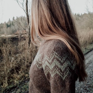 May include: A woman wearing a brown knitted jumper with a green and brown geometric pattern. The jumper has a loose fit and long sleeves.
