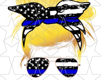 Back The Blue Blonde Mom Life Blond Mom Messy Bun Hair Police Officer Sunglasses Headband Mom Life PNG Sublimation Digital Download