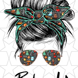 May include: A black and white illustration of a woman with a messy bun, wearing sunglasses with a baking-themed pattern. The bun is decorated with a turquoise ribbon with a baking-themed pattern. The text "#Baking life" is below the image.