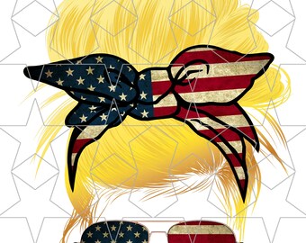 American Blonde Mom Life Blond Mom Messy Bun Hair 4th of July USA Sunglasses Headband Mom Life PNG Sublimation Digital Download