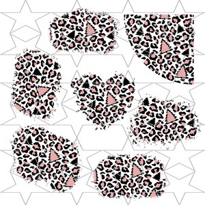 Puede incluir: Un diseño digital con estampado de leopardo en blanco y negro, adornado con árboles de Navidad rosas en varias formas. El diseño incluye círculos, corazones y formas irregulares, todo sobre un fondo blanco con un patrón de estrellas.