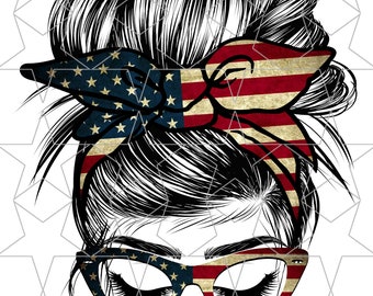 American Mom Life Mom Messy Bun Hair 4th of July USA Sunglasses Headband Mom Life PNG Sublimation Digital Download