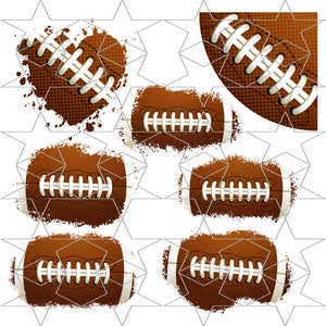 Peut inclure: Un ensemble de six ballons de football marrons et blancs avec des coutures blanches. Les ballons de football sont sur un fond blanc avec un motif d'étoiles.