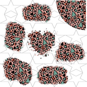 May include: A set of six digital clipart images featuring a pink and black leopard print with green triangle accents. The images are in various shapes and sizes, including circles, hearts, and squares.