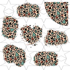 May include: A set of six digital clipart images featuring a leopard print pattern with green and orange accents. The images are in the shape of a circle, a heart, and four irregular shapes.