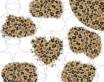May include: Six digital clipart images of leopard print with gold glitter. The images are in various shapes, including circles, ovals, and hearts.