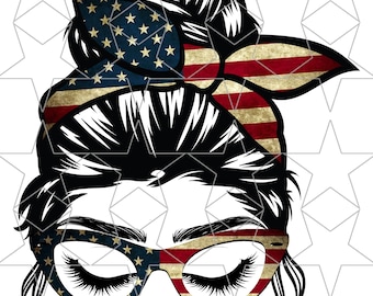 American Mom Life Mom Messy Bun Hair 4th of July USA Sunglasses Headband Mom Life PNG Sublimation Digital Download