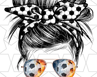 May include: Black and white illustration of a woman with a messy bun and a soccer ball patterned headband. She is wearing sunglasses with soccer balls reflected in the lenses. The text #soccermom is below the image.