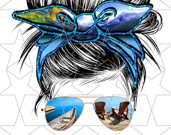 May include: A black and white illustration of a woman with a messy bun. The bun is decorated with a blue bandana with a lake scene reflected in it. The woman is wearing sunglasses with a lake scene reflected in them. The text #lakelife is below the image.