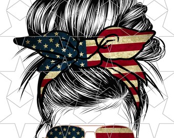 American Mom Life Mom Messy Bun Hair 4th of July USA Sunglasses Headband Mom Life PNG Sublimation Digital Download