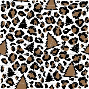 May include: A seamless pattern featuring brown and black leopard print with brown Christmas trees on a white background.