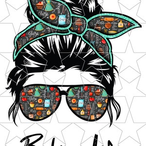May include: A black and white illustration of a woman with a messy bun wearing sunglasses. The sunglasses and bun are decorated with a pattern of baking ingredients and tools. The text "#Baking life" is below the image.