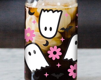Cute Halloween Mug w/ Lid & Glass Reusable Straw | Ghost, pink flowers and Moon Glass Beer Mug, Coffee Cup For Mom