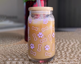 Dog Lover Glass Can with Bamboo Lid & Glass Reusable Straw | Dog Paws and Bone, Glass Beer Mug, Coffee Cup For Mom